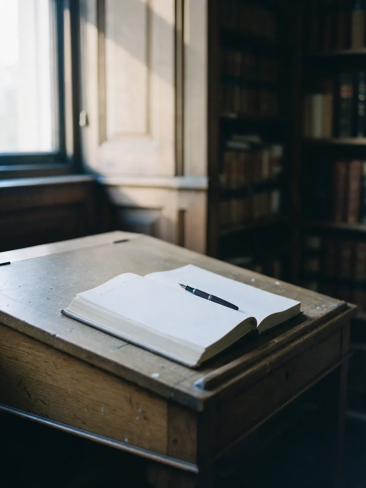 An open bound report on a worn oak desk under a library window, a fountain pen resting on its last page.